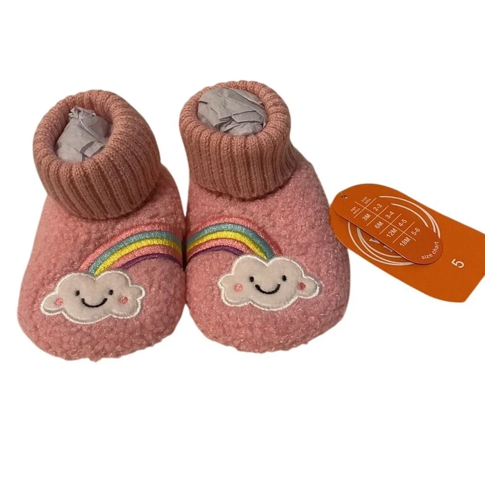 Wonder Nation Slippers Girls Size 5 Pink Fuzzy Rainbow Bootie Shoes